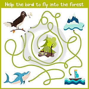 Cartoon of Education will continue the logical way home of colourful animals. Help the bird Nightingale to get home in the wild fo