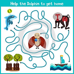 Cartoon of Education will continue the logical way home of colourful animals. Help little Dolphin to swim home in the ocean. Match