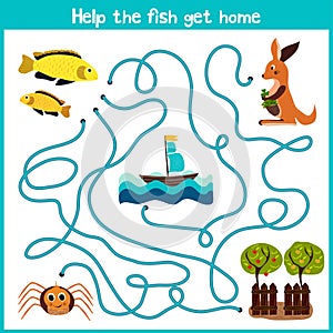 Cartoon of Education will continue the logical way home of colourful animals. Help the little yellow fish swim home into the ocean