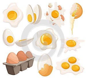 Cartoon eggs isolated on white background. Set of fried, boiled, cracked eggshell, sliced eggs and chicken eggs in box