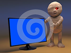 Cartoon Egyptian mummy monster with widescreen television display, 3d illustration