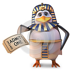 Cartoon Egyptian penguin pharaoh holding a ticket of admission, 3d illustration