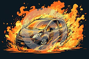 Cartoon electric car EV who\'s vehicle lithium battery is on fire causing a thermal runaway