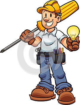 Cartoon electrician holding an oversized driver and a lightbulb photo
