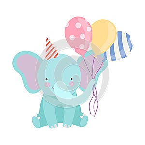 Cartoon elephant with balloons. Vector illustration on a white background.