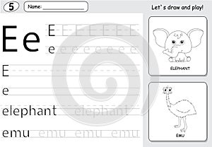 Cartoon elephant and emu. Alphabet tracing worksheet: writing A-Z and educational game for kids