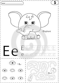 Cartoon elephant, eye and Earth. Alphabet tracing worksheet: writing A-Z and educational game for kids