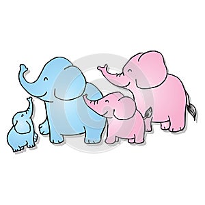 Cartoon elephant family on white background.