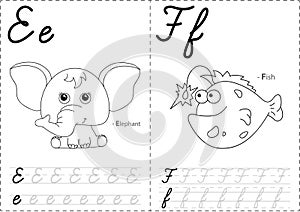 Cartoon elephant and fish. Alphabet tracing worksheet