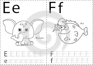 Cartoon elephant and fish. Alphabet tracing worksheet: writing A