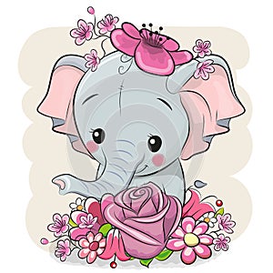 Cartoon Elephant with flowerson a white background