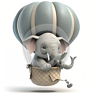 Cartoon elephant flying in a hot air balloon