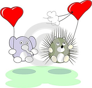 Cartoon elephant and hedgehog toy and red heart