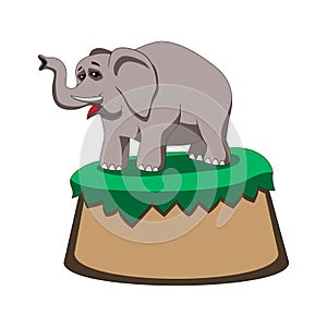 Cartoon elephant holds its trunk up while standing on a hill on a white isolated background. Vector image