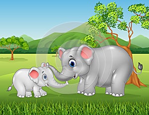 Cartoon elephant mother and calf bonding relationship in the jungle