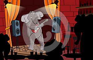 Cartoon elephant playing guitar on the stage.