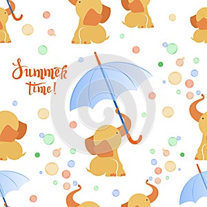 Cartoon elephants, parasols umbrella. Vector background, pattern. Funny baby elephant with soap bubbles.