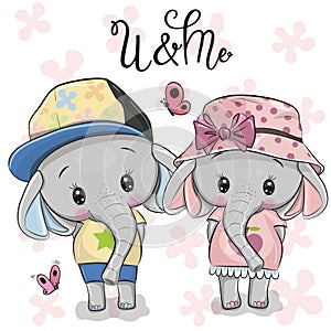 Cartoon Elephants on a pink floral background