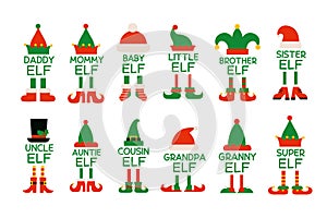 Cartoon elf family isolated Christmas monograms. Elf or gnome hat and shoes. Brother elf, sister, mommy, daddy. Baby elf