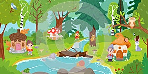 Cartoon elves and gnomes in magic forest