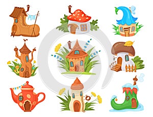 Cartoon elves houses. Fairy house in tale forest trees, gnome land mushroom fairytale cottage with door, natural fantasy