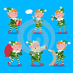 Cartoon elves set. Santa Claus helpers cute characters. Christmas design elements. Vector illustrations