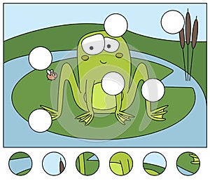 Cartoon embarrassed frog and fly. Complete the puzzle and find t