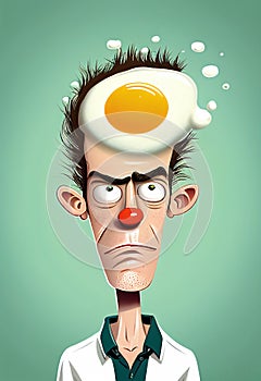 Cartoon of an embarrassed humiliated man showing the meaning of the phrase \'with egg on your face