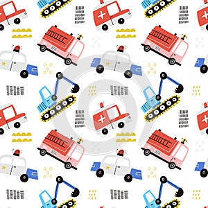 Cartoon emergency vehicles vector seamless pattern. Cute