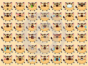 Cartoon emoji cats set icons stickers emoticons. Cartoon animal characters different emotions. Symbols digital chat objects.
