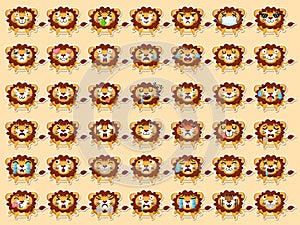 Cartoon emoji lions set icons stickers emoticons. Cartoon animal characters different emotions. Symbols digital chat objects.