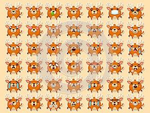 Cartoon emoji reindeer set icons stickers emoticons. Cartoon animal characters different emotions. Symbols digital chat objects.