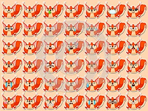 Cartoon emoji squirrels set icons stickers emoticons. Cartoon animal characters different emotions. Symbols digital chat objects.