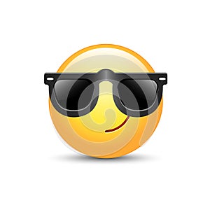 Cartoon emoticon wearing black sunglasses. Happy cute vector emoji.