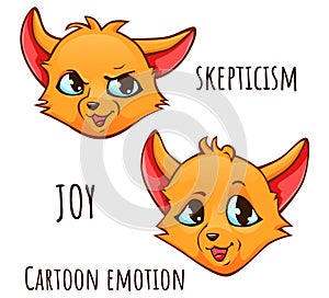 Cartoon emotion of fox - skepticism, joy