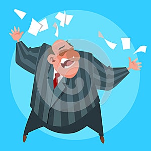 Cartoon emotional man angrily scatters sheets of paper photo