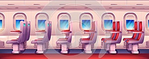 Cartoon empty airplane interior with windows and passenger seats