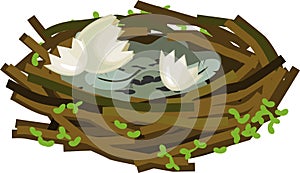 Cartoon Empty bird nest with eggshell