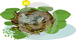 Cartoon empty bird nest and yellow water-lily plants