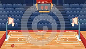 Cartoon empty hall field to play basketball team game, hoop for balls and seats for fan sector spectators, timer