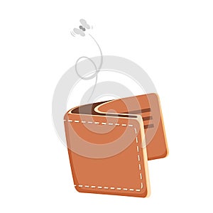 Cartoon empty wallet illustration with flying moth.