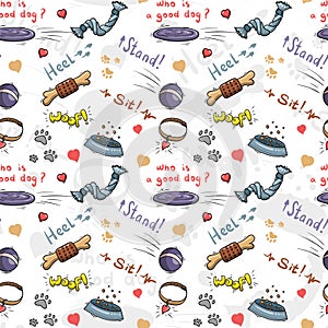 Cartoon endless dog pattern. Pet seamless print. Puppies vector background