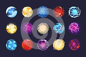 Cartoon energy spheres. Magic fantasy orb asset for 2D game, witchcraft prophesy globe and crystal sphere with shiny