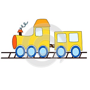 Cartoon engine, wagon, wheels and railway for child. TCute icon for holiday, birthday and shop. Vector photo