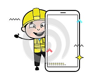 Cartoon Engineer with empty cell phone screen