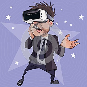 Cartoon enthusiastic man in glasses of virtual reality