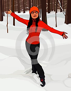 Cartoon enthusiastic woman in sportswear standing in winter forest