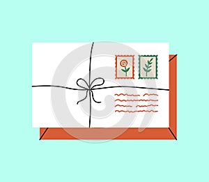 Cartoon envelope. Closed paper letter. Receive or send mail. Postal messages. Post communication. Tied with twine bundle