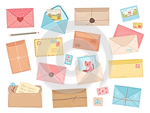 Cartoon envelopes. Flat envelope, pen or pencil for hand lettering. Paper letter with branches, cute cards for post and