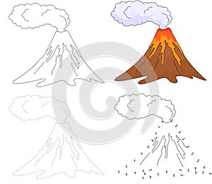 Cartoon erupting volcano. Vector illustration. Dot to dot game f photo